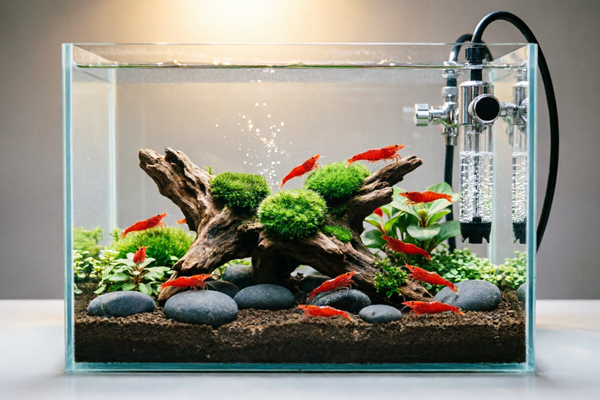 ADA-inspired nano aquascape with red cherry shrimp colony, moss balls, and spider wood. High-tech CO2 with precision bubble counter.