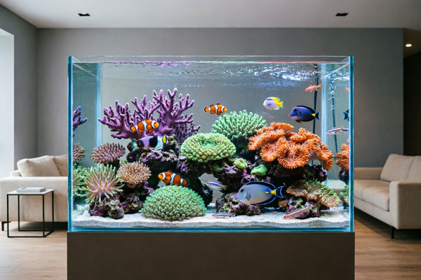 SPS-dominant reef system featuring Acropora, Montipora, and LPS corals. Blue/white LED programming with automated dosing and monitoring.