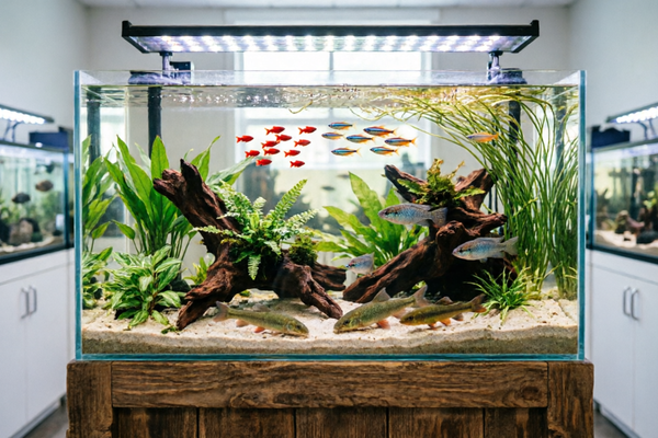 Lush planted community featuring cardinal tetras, corydoras, and dwarf cichlids. Amazon sword and Java fern dominant with natural driftwood layout.