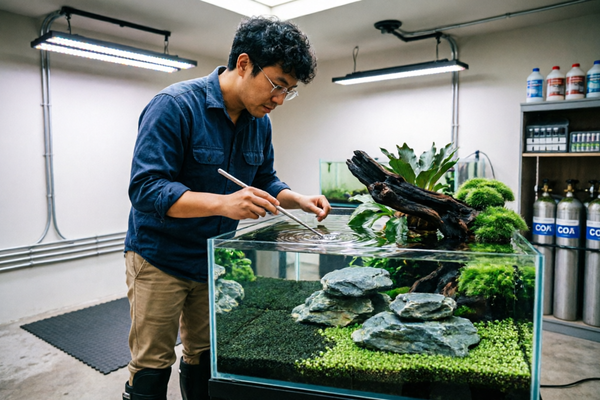 High-tech Iwagumi-style layout with Monte Carlo carpet, Dwarf Hairgrass, and custom hardscape. CO2-injected with full-spectrum LED lighting.