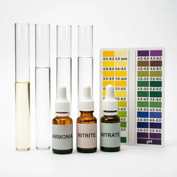 Professional aquarium water test kit with glass test tubes and reagent bottles for accurately measuring ammonia, nitrite, nitrate and pH levels during the cycling process