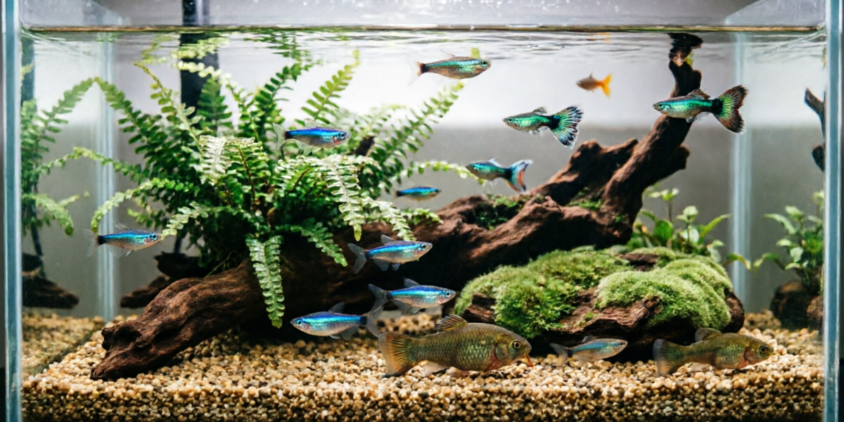 A beautifully cycled freshwater aquarium with healthy tropical fish swimming among lush green aquatic plants, demonstrating the end result of proper aquarium cycling