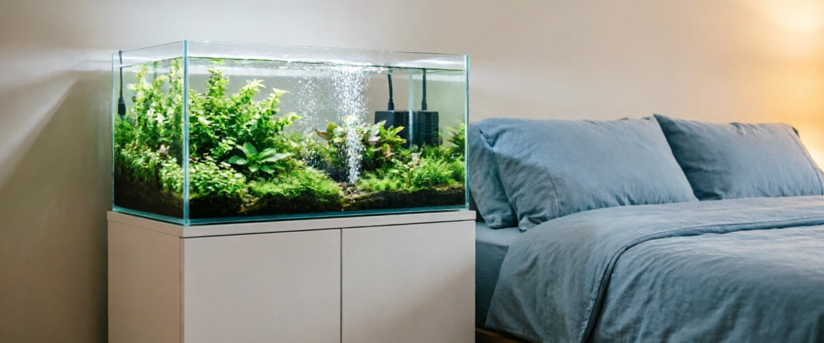 A peaceful bedroom aquarium setup with a quiet air pump creating gentle bubbles, demonstrating how silent aeration can be in a living space
