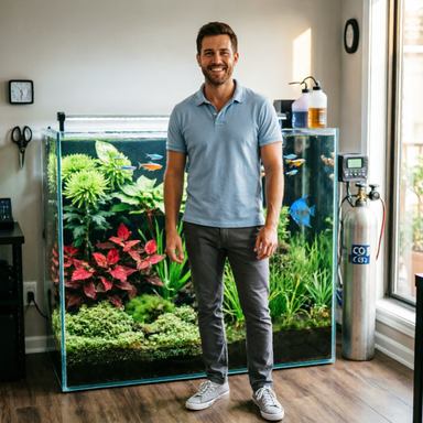 Travis Andersen - Founder and Senior Aquarist at Aquarium Hobbyist, standing in front of a planted aquarium
