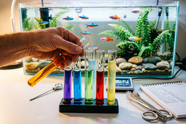 Travis Andersen testing aquarium water parameters using professional liquid test kit to ensure optimal water chemistry