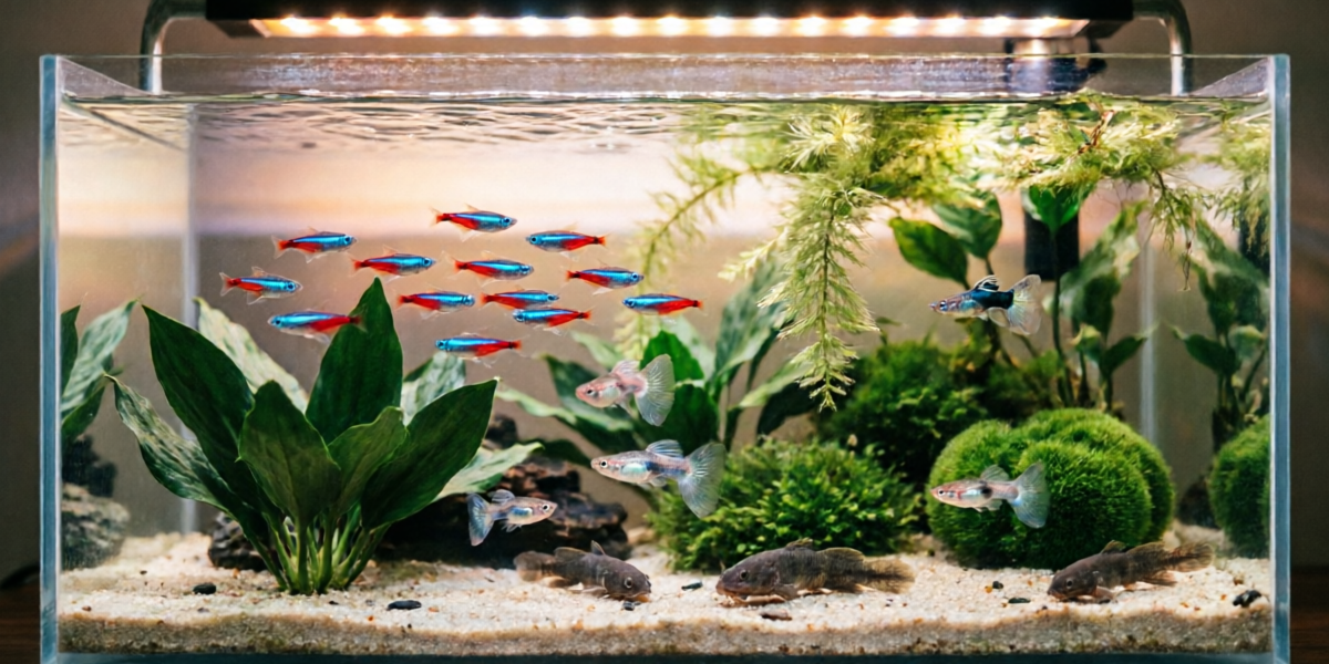 A beautiful freshwater aquarium with vibrant tropical fish and lush aquatic plants